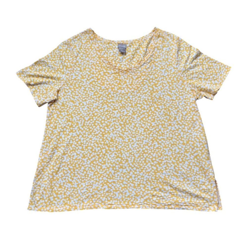 Chicos Yellow & White Printed V-Neck Short Sleeve Top Sz 3 XL Cotton/Modal Blend